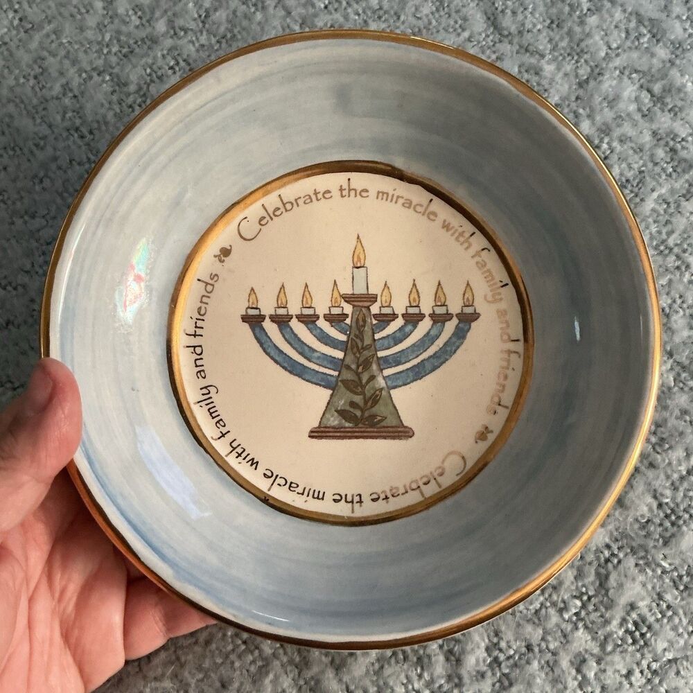 Russ Berrie Judaica Hanukkah Ceramic Menorah Bowl Village Gold Trim 6.5”